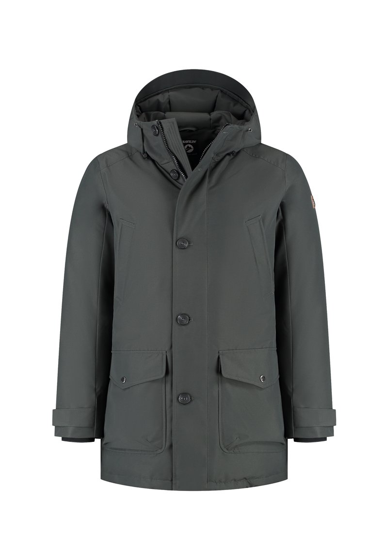 Donkergrijze geïsoleerde winterjas met capuchon, knopen aan de voorkant, rits en meerdere zakken met kleppen en drukkers.