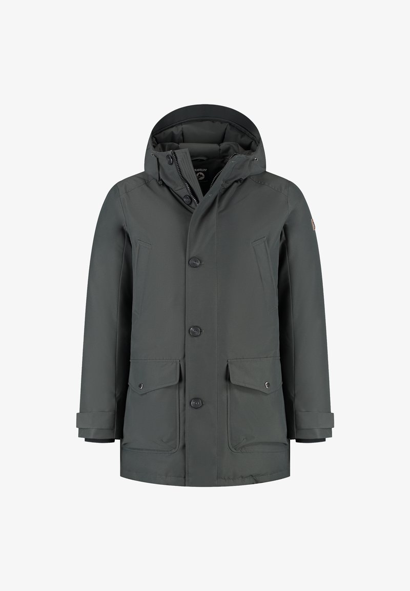 Donkergrijze geïsoleerde winterjas met capuchon, knopen aan de voorkant, rits en meerdere zakken met kleppen en drukkers.