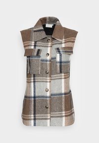 Brun och grå rutig ärmlös väst med krage, två framfickor och knappstängning. Mjuk, texturerad tyg med kontrasterande mönster.