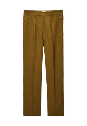 Pantalons en lin moutarde foncé à coupe droite, présentant deux poches avant, une texture lisse et des coutures sur les bords.