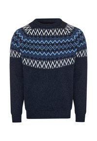 Navy-Pullover mit einem geometrischen blau-weißen Muster im oberen Bereich, Rundhalsausschnitt und langen Ärmeln mit gerippten Bündchen.
