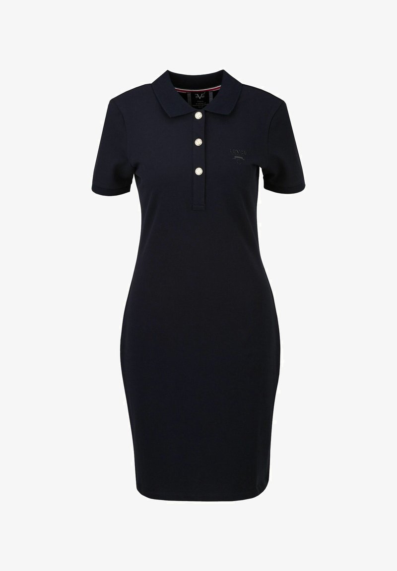 Navyblaues Polo-Kleid aus Baumwollmischung mit einem kragenlosen Ausschnitt, drei weißen Knöpfen, kurzen Ärmeln und dezenten Sticklogo-Details.