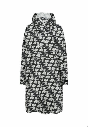 Black raincoat featuring a repeated white cartoon design. Includes a hood, long sleeves, and a loose, knee-length silhouette. Waterproof material.