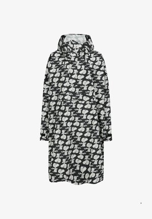 Black raincoat featuring a repeated white cartoon design. Includes a hood, long sleeves, and a loose, knee-length silhouette. Waterproof material.