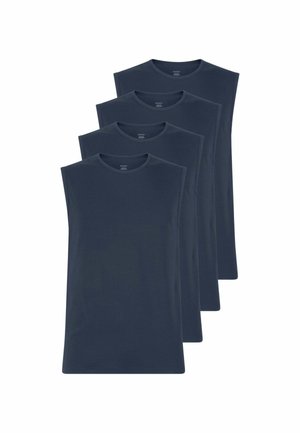 Quattro magliette smanicate blu scuro semplici con scollo rotondo impilate in un ordine sfalsato su uno sfondo bianco.