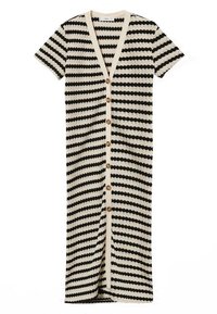 Schwarzes und cremefarbenes gestreiftes Strickkleid mit kurzen Ärmeln, einem V-Ausschnitt und Holzknopfverschluss auf der Vorderseite. Die Streifen erzeugen ein strukturiertes Muster.