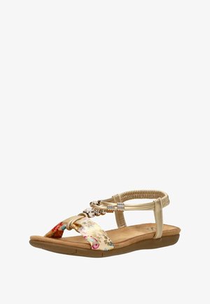 Gouden sandaal met open tenen, bloemrijke stoffen band, metalen kraalaccenten, elastische enkelband en comfortabele bruine zool.