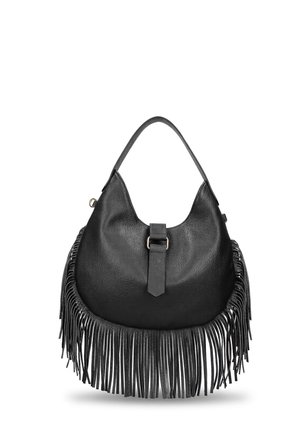 Borsa hobo in pelle nera con una singola tracolla, dettaglio fibbia frontale e lunga frangia lungo il bordo inferiore.