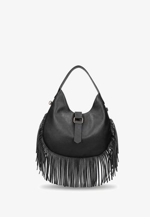 Sac hobo en cuir noir avec une bandoulière unique, un détail avec une boucle à l'avant et une longue frange le long du bord inférieur.