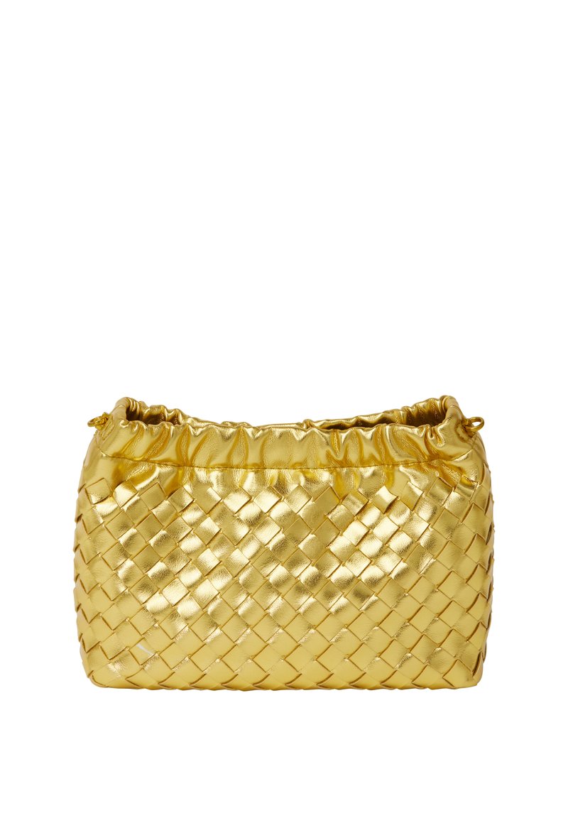 Goldfarbene Handtasche mit gerafftem oberen Teil, ausgestattet mit einer glänzenden metallic Oberfläche und rechteckiger Form. Akzente umfassen eine weiche, plissierte Verarbeitung.