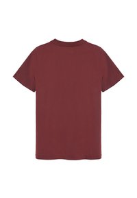 Korte mouwen t-shirt in donkerrood, gemaakt van zachte stof. Eenvoudig ontwerp met een ronde halslijn en rechte zoom, zonder zichtbare patronen of accenten.