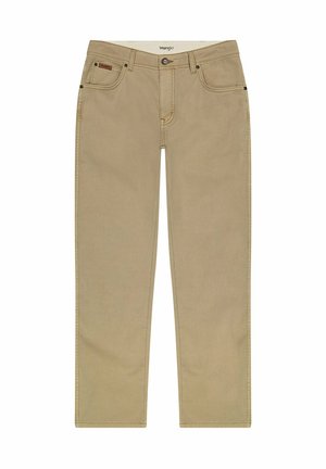 Farkku Wrangler khaki dengan desain kaki lurus, kantong depan, dan detail jahitan yang halus. Terbuat dari kain yang tahan lama.