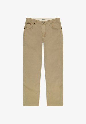 Khaki Wrangler jeans with a straight leg design, front pockets, and subtle stitching details. Made of durable fabric.