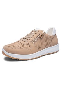 Beige perforated casual sneaker with beige laces, white padded heel collar, white sole, and decorative gold side zipper.