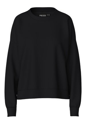 Sweatshirt noir avec un col rond, des épaules tombantes et des poignets côtelés. Fabriqué dans un tissu doux et lisse. Design simple, sans motifs.
