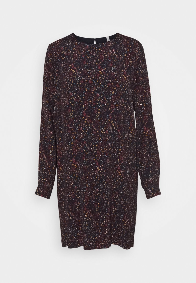 Robe noire à manches longues, longueur genou, avec petit motif fleuri multicolore, encolure ronde et coupe décontractée.