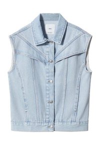 Helles denim-Westen mit spitzem Kragen, vorderer Knopfverschluss und vertikalen Nahtdetails; ärmellos mit einem klassischen Design.