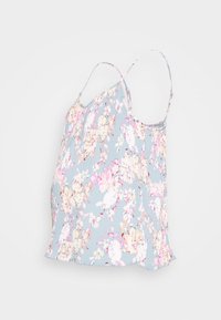 Top de maternidade floral em azul claro com alças finas, apresentando um design pregueado e padrões de flores em rosa pastel e branco, textura suave.