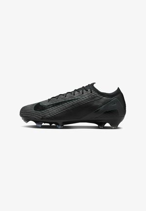 Black soccer cleat with a textured upper, mesh design, streamlined shape, and six angular studs for traction on the sole.
