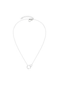 Zilveren ketting met twee in elkaar passende cirkels in het midden, met een delicate ketting en een verstelbare sluiting aan de achterkant.