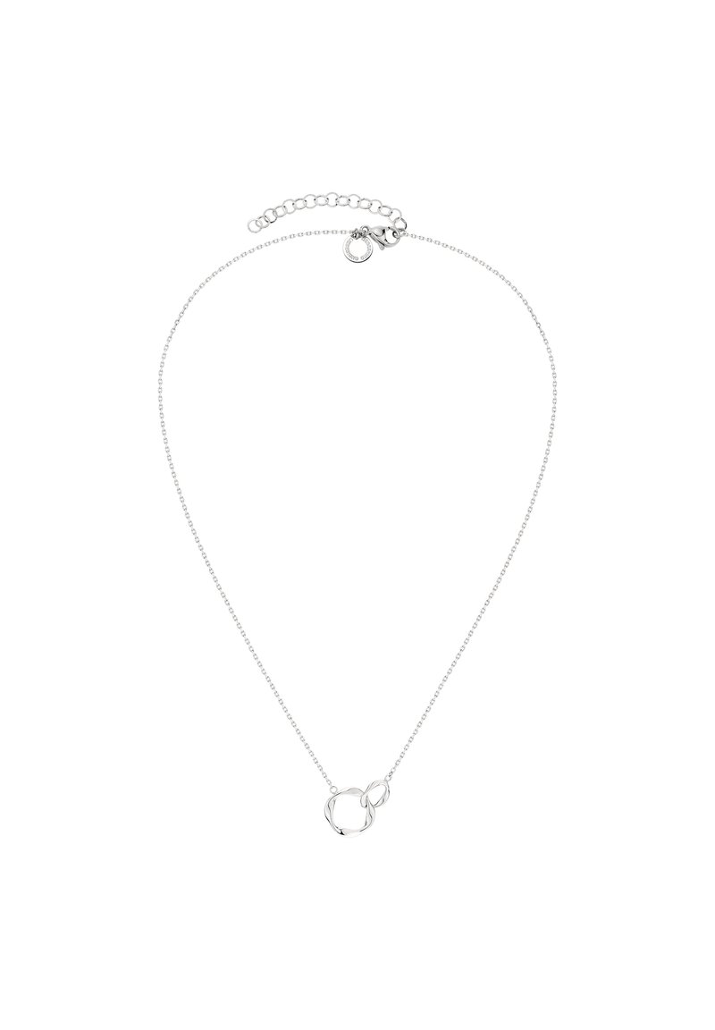 Zilveren ketting met twee in elkaar passende cirkels in het midden, met een delicate ketting en een verstelbare sluiting aan de achterkant.