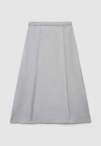 Jupe trapèze grise en tissu texturé avec une taille haute, présentant des plis devant et un ourlet net. Aucun élément métallique ni accent visible.