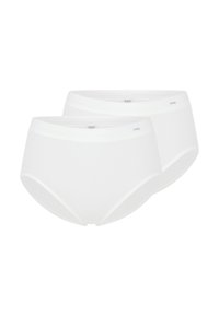 Confezione di due pantaloni intimi bianchi in cotone di tipo slip. Presentano una texture liscia e elastica con una vita elastica e un sottile logo decorativo.