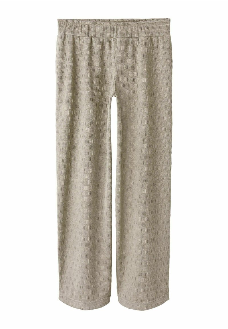 Beige wijde broekspijpen met een textuurpatroon, elastische tailleband en een zachte stofafwerking, ontworpen voor comfort en veelzijdigheid.