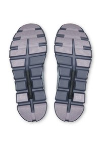 Shoe sole featuring a textured, rubber design in light purple and dark gray, with distinct cloud-like cushioning segments and branding details.