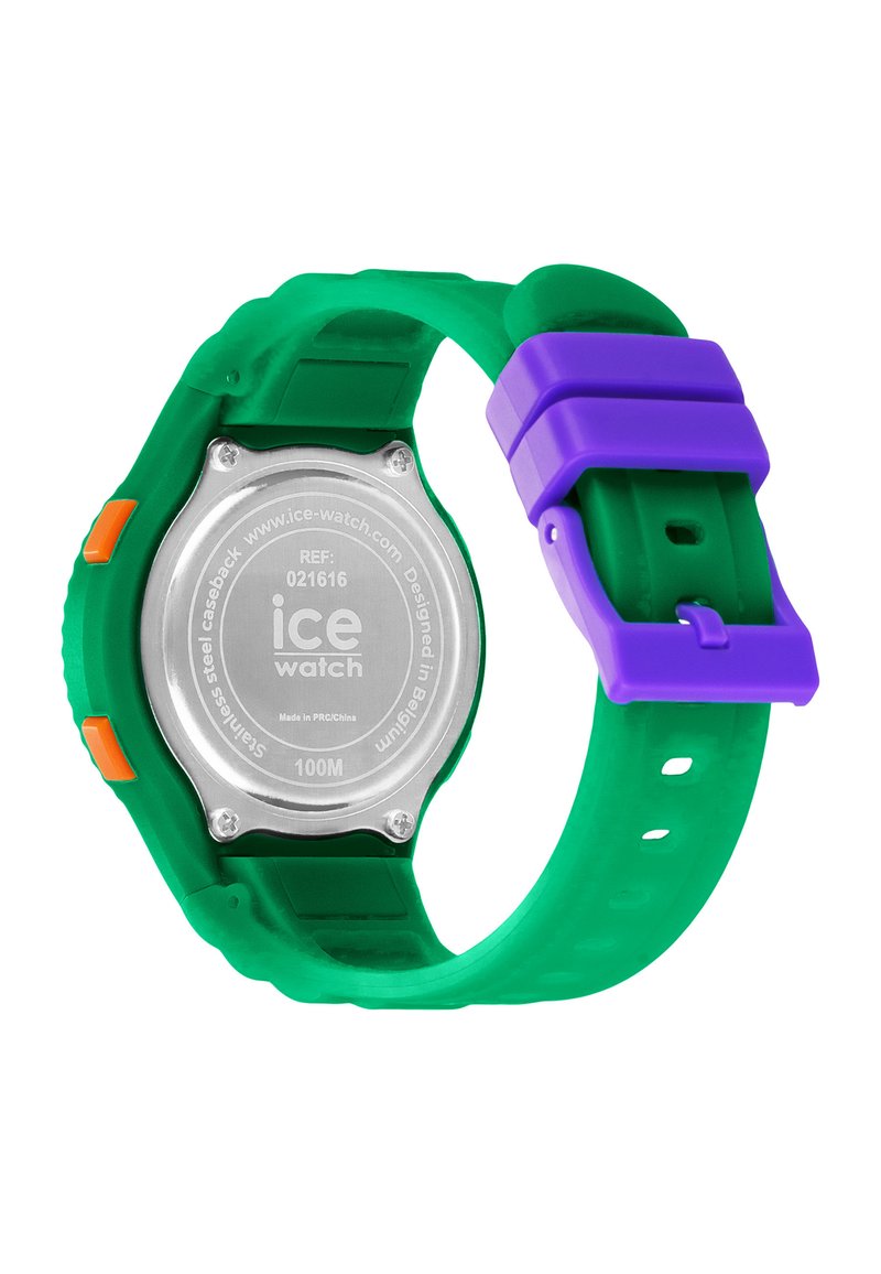 Reloj de silicona verde con fondo de acero inoxidable plateado, hebilla morada, acentos de botón naranjas y resistencia al agua de hasta 100 metros.