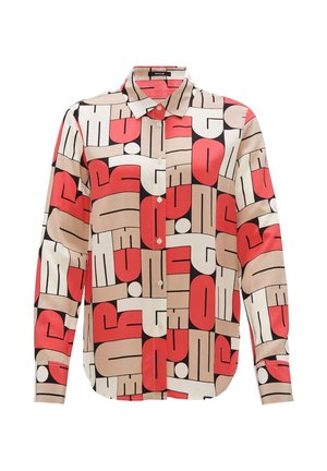 Overhemd met knopen in een geometrisch patroon in rood, crème en zwart. Gemaakt van gladde stof met een kraag en lange mouwen.