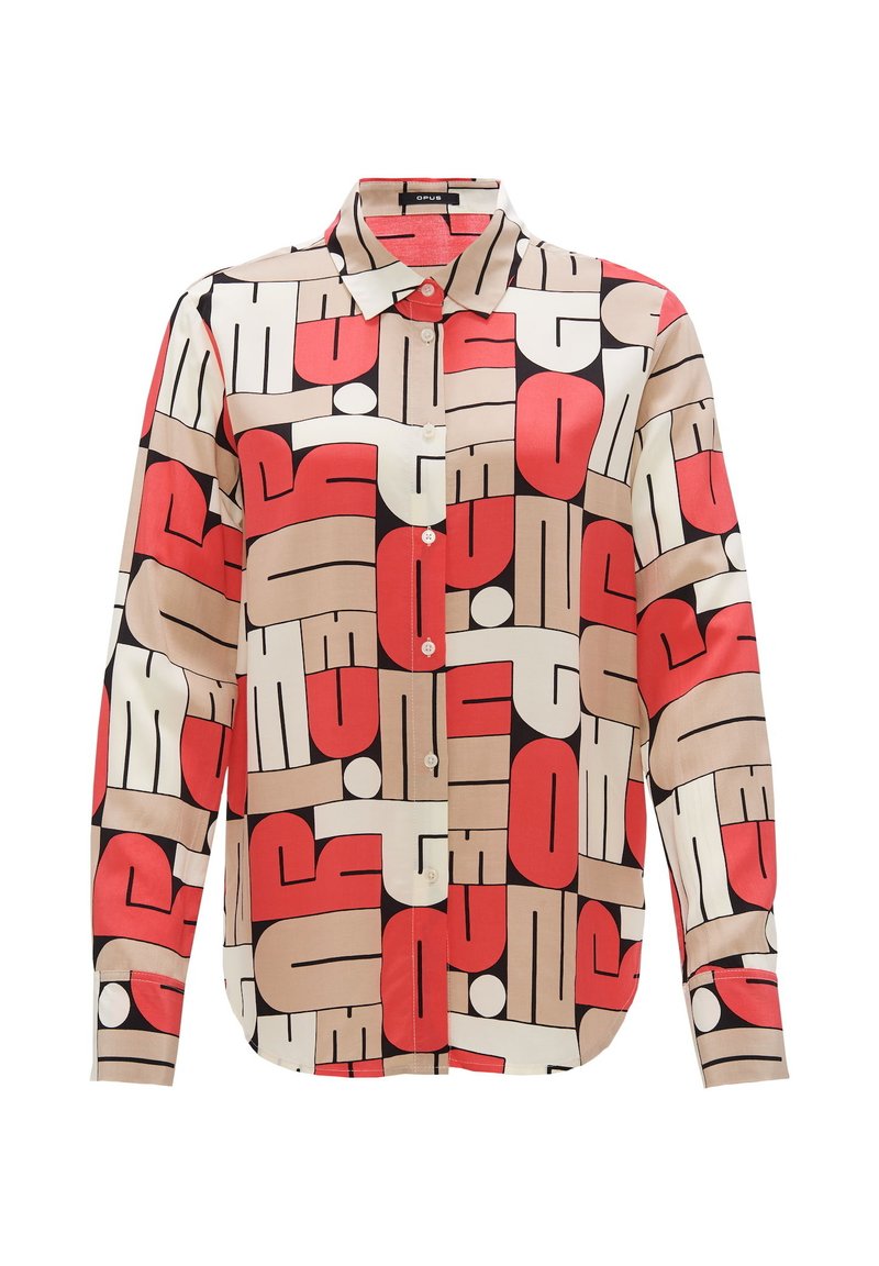 Overhemd met knopen in een geometrisch patroon in rood, crème en zwart. Gemaakt van gladde stof met een kraag en lange mouwen.