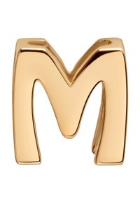 Złota metaliczna litera "M" w wersji dużej, z gładką, polerowaną powierzchnią i zaokrąglonymi krawędziami na białym tle.