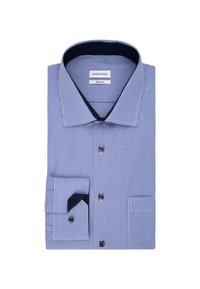 Chemise à carreaux bleus et blancs avec un col en marine uni. Manches longues avec poignets boutonnés. Dotée de boutons noirs et d'une poche poitrine gauche.