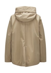Beige wasserdichte Jacke mit Kapuze, die ein gestepptes Design auf der Kapuze, einen geraden Schnitt und keine sichtbaren Verschlüsse oder Taschen aufweist.