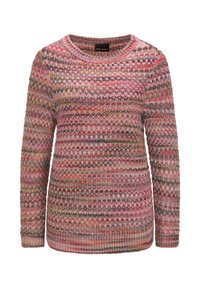 Maglione multicolore a maglia con scollatura rotonda, caratterizzato da tonalità rosa, rosse e verdi, un motivo testurizzato e polsini e orlo a coste.