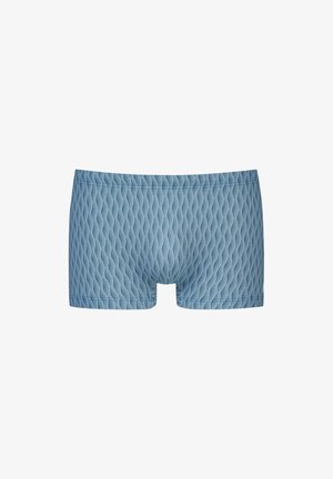 Blau gemusterte Boxershorts mit einer gesteppte Struktur, versehen mit wellenförmigen Linien in einem helleren Farbton. Elastischer Bund für Komfort.