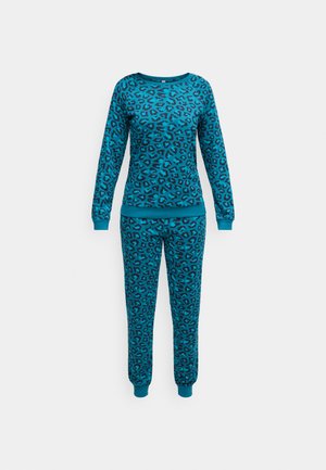 Ensemble de pyjama à imprimé léopard bleu, comprenant un haut à manches longues et un pantalon, avec des poignets côtelés et une texture douce, conçu pour le confort et une tenue décontractée.