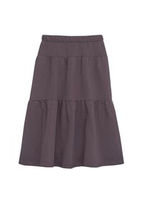 Szara bawełniana spódnica midi z warstwami tiered, elastycznym pasem i gładką fakturą, zaprojektowana z myślą o komforcie i łatwości noszenia.