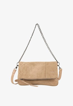 Bolso de mano beige de ante con bordado floral, bolsillo con un solo cierre, correa de cadena desmontable y detalles en cuero suave.