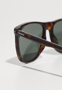 Ochelari de soare cu model țestoasă și lentile verzi închise. Prezintă un cadru gros cu un finisaj strălucitor și un logo argintiu pe bradă.