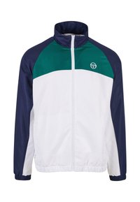 Giacca da uomo con zip in bianco, blu navy e verde; presenta un colletto alto, polsini elasticizzati e un design a blocchi di colore orizzontali.
