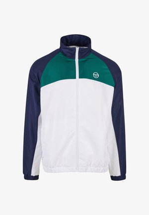 Miestenska zipsová bunda v bielej, námorníckej a zelenej farbe; má vysoký golier, elastické manžety a horizontálny dizajn v blokoch farieb.
