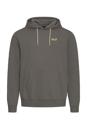 Grauer Kapuzenpullover aus weichem Stoff, mit einer Fronttasche, langen Ärmeln und hellgrünen Kordeln sowie einem Logo auf der Brust.