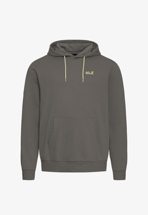 Grauer Kapuzenpullover aus weichem Stoff, mit einer Fronttasche, langen Ärmeln und hellgrünen Kordeln sowie einem Logo auf der Brust.