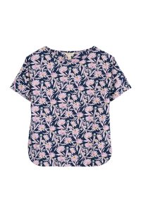 Blumen T-Shirt mit kurzen Ärmeln in Marineblau und pinken Wasserlilienmustern, Rundhalsausschnitt und lockerer Passform mit abgerundetem Saum.