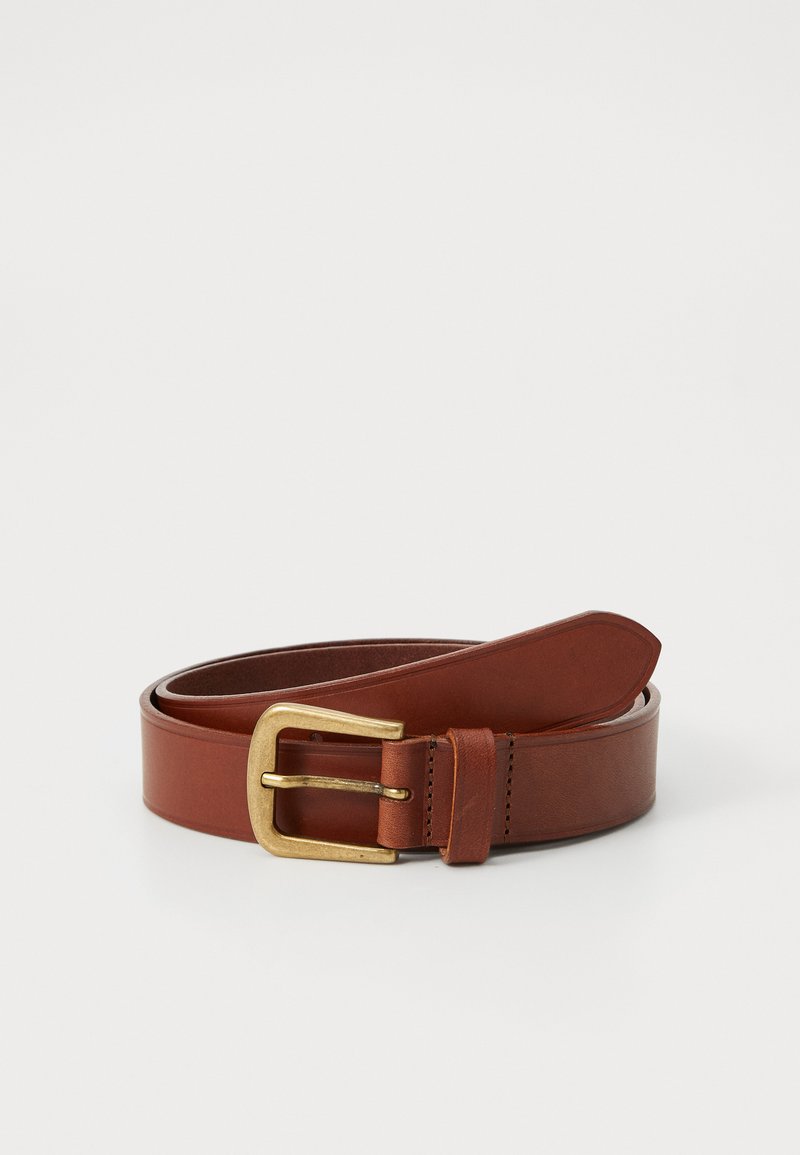 Brown leather belt with a smooth finish, featuring a rectangular brass buckle and a single stitch accent along the edge.