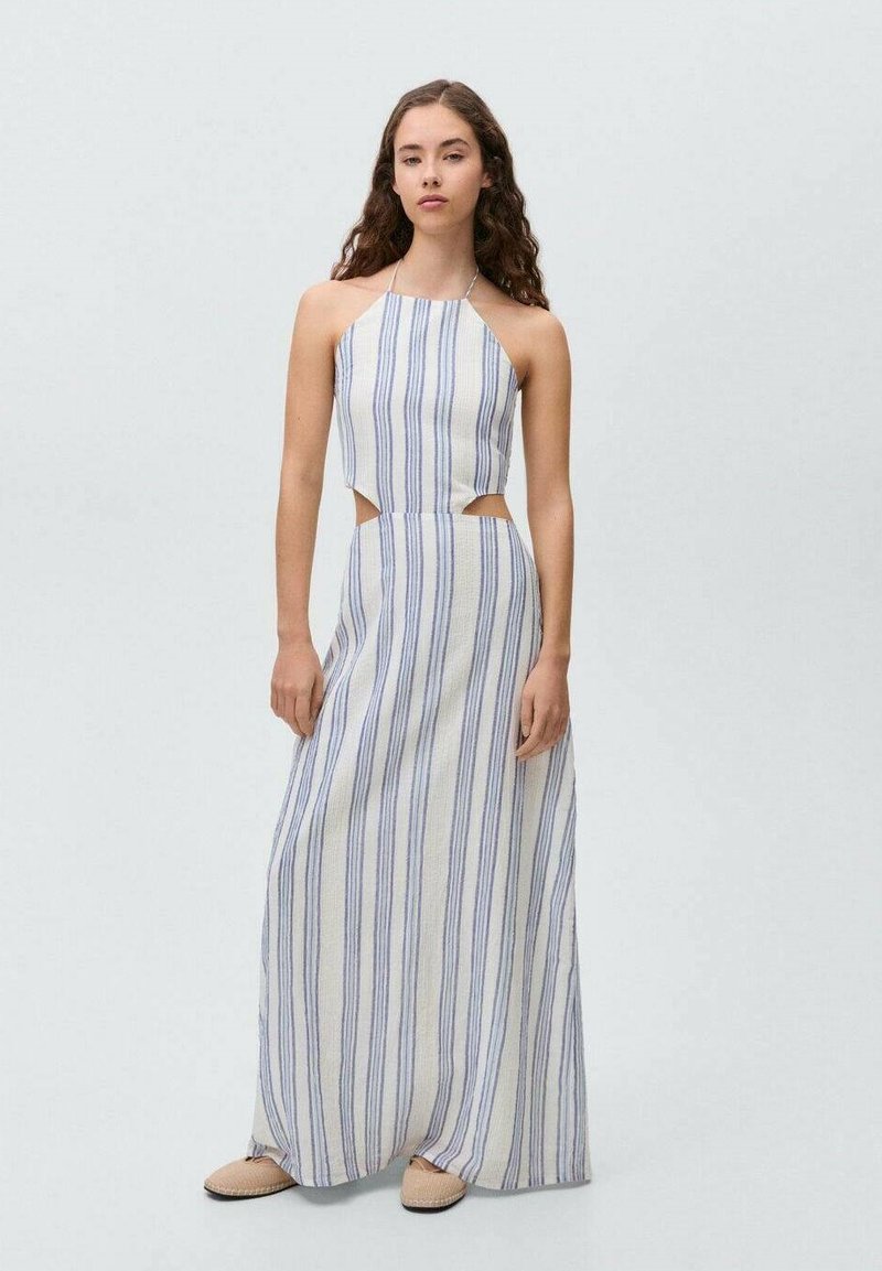 Maxi dress in white with blue vertical stripes. Halter neckline, cut-out side details. Soft fabric with a loose, flowing shape.