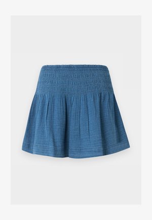 Blåt knælængde skørt med smocket taljebånd og indsamlet stof for en flared silhouet, vist på en ensfarvet hvid baggrund.