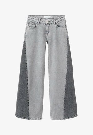 Lichtgrijze wijde jeans met donkergrijze zijpanelen, gemaakt van denim. Heeft een klassiek ontwerp met vijf zakken en een knoopsluiting.